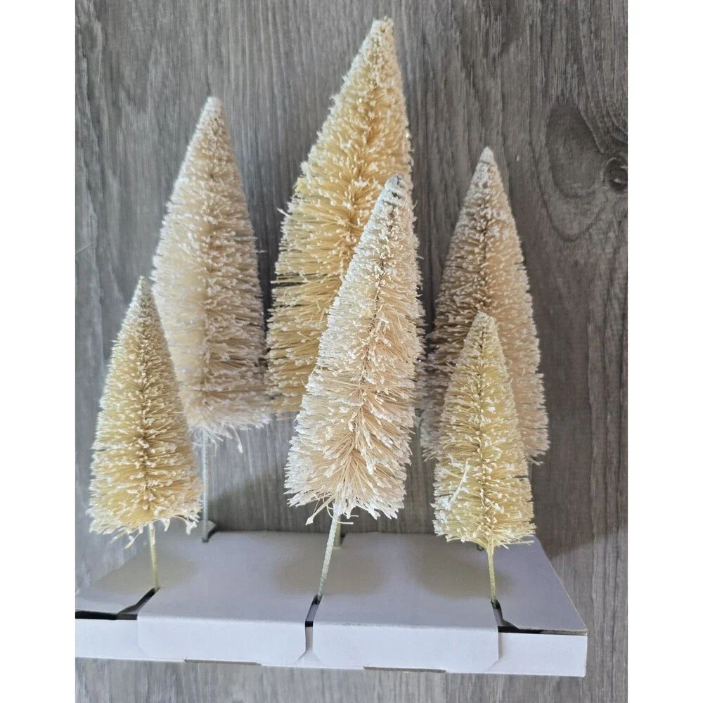 Set of 6 Cream Bottle Brush Flocked Christmas Trees Village NEW